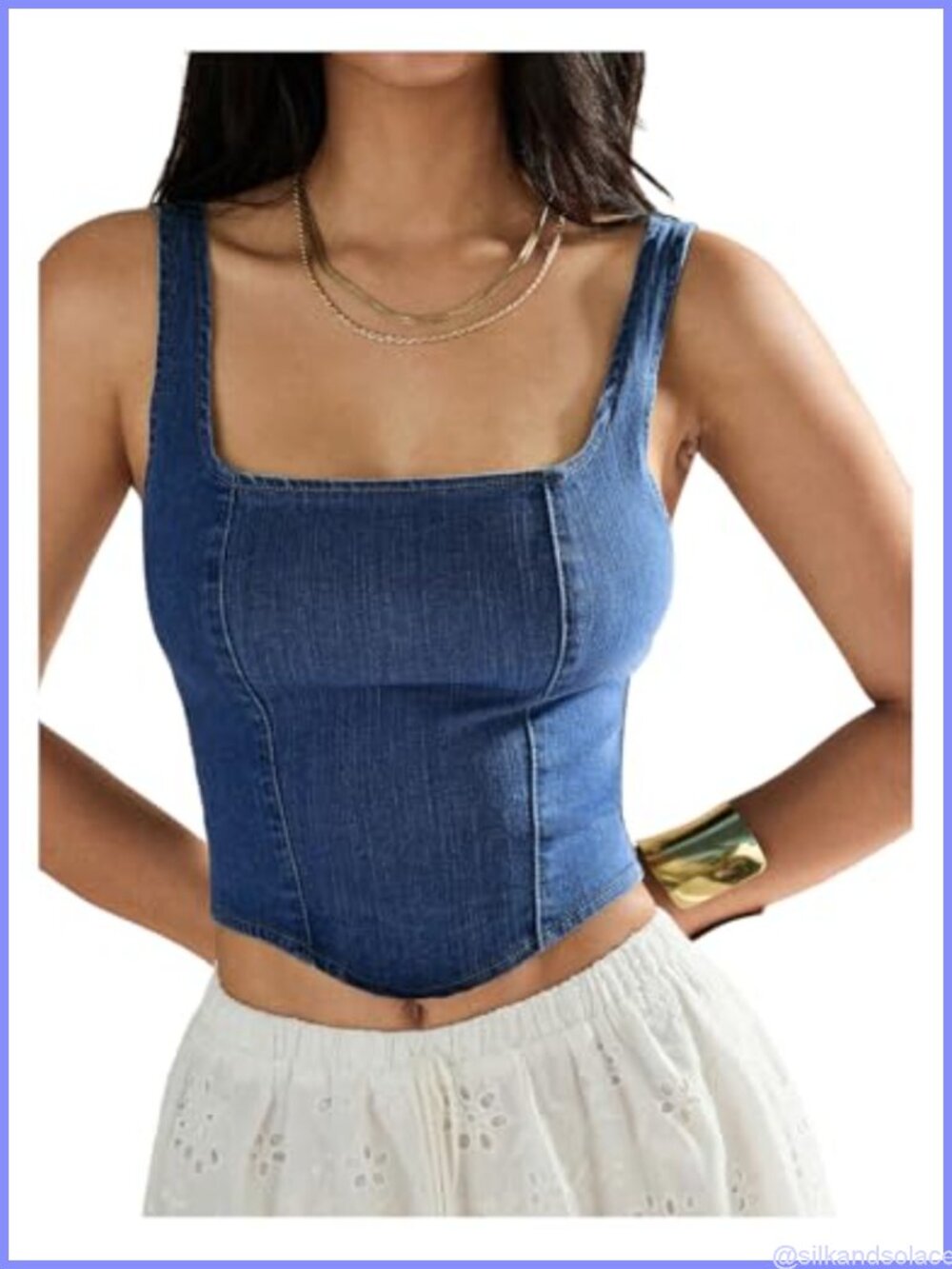 Sleeveless Corset Denim Tank Top Square Neck Zip Back Y2K Asymmetrical Hem